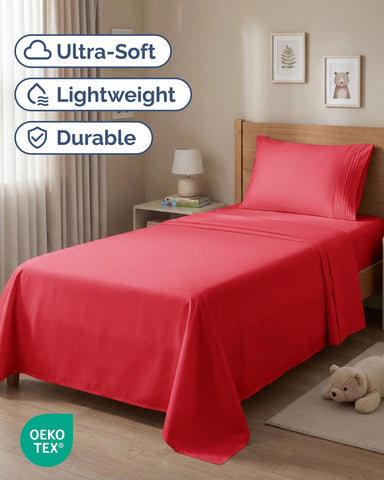 Twin Size 3 Piece Sheet Set - Comfy Breathable & Cooling Bed Sheets - Red