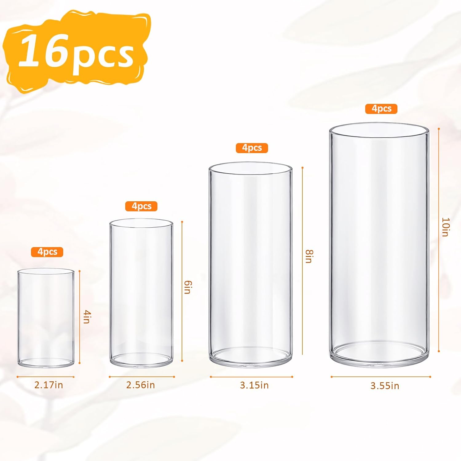 Homjoy Glass Cylinder Vase Set of 16 (2.17x4, 2.56x6, 3.15x8, 3.55x10 in)