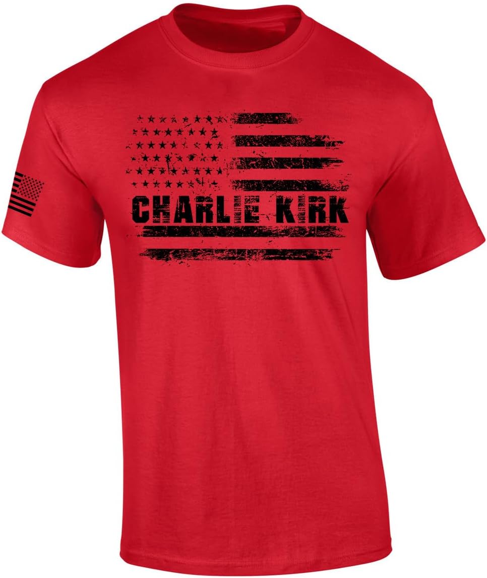Trenz Shirt Company Men's Graphic T-Shirt - Distressed Charlie Kirk USA Flag Design Short Sleeve Tee