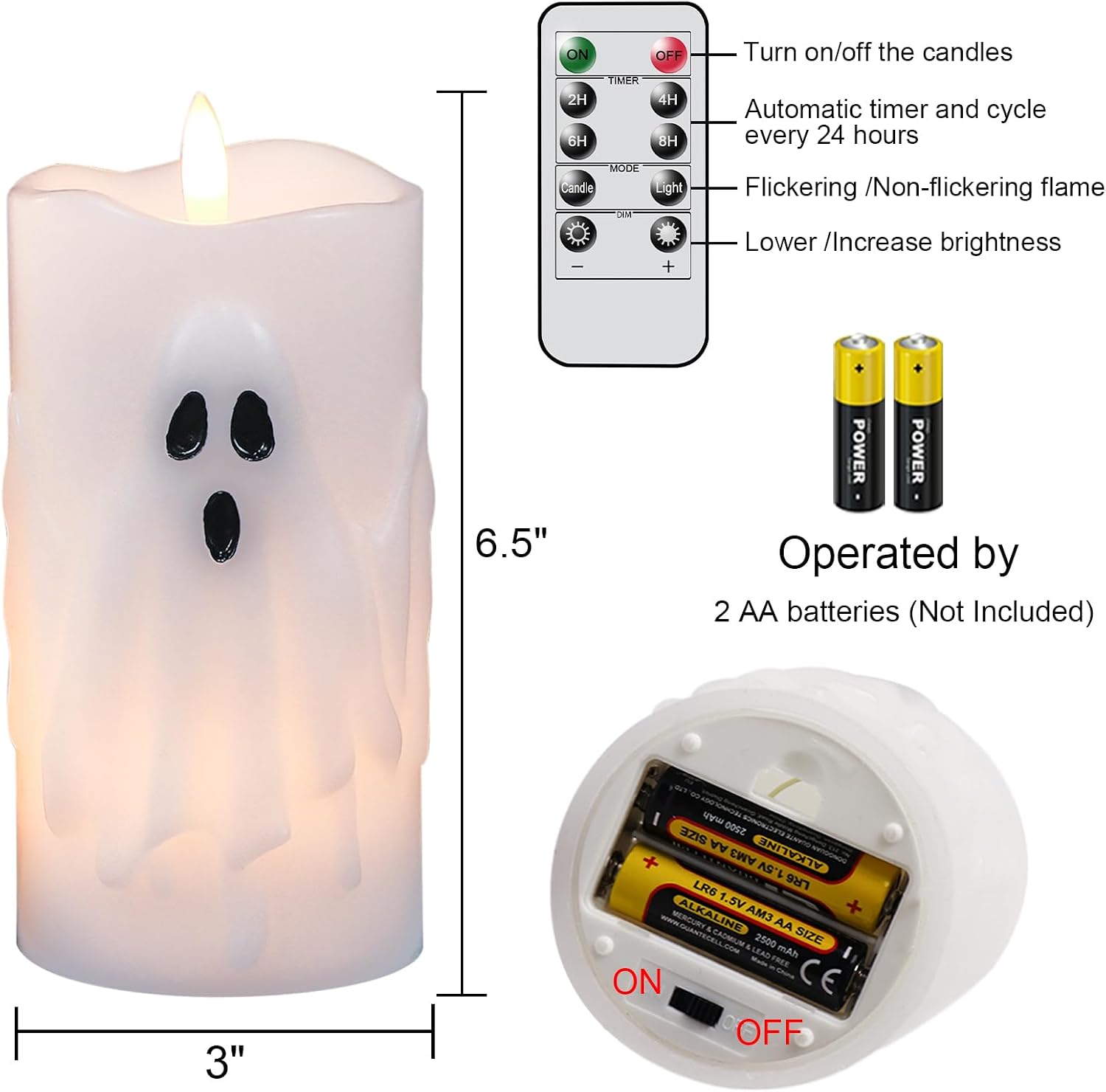 Halloween Ghost Flameless Pillar Candles with Remote Timer, 2PCS