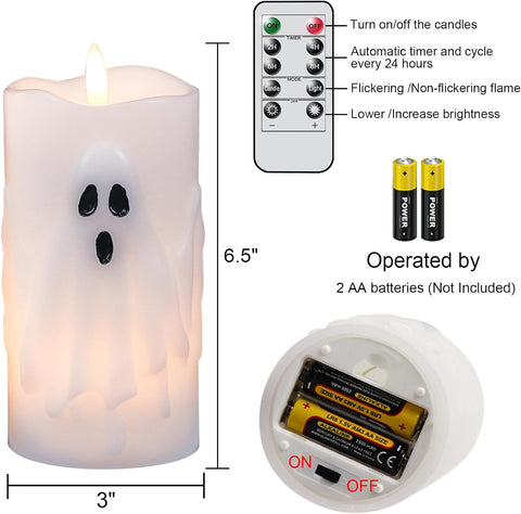 Halloween Ghost Flameless Pillar Candles with Remote Timer, 2PCS