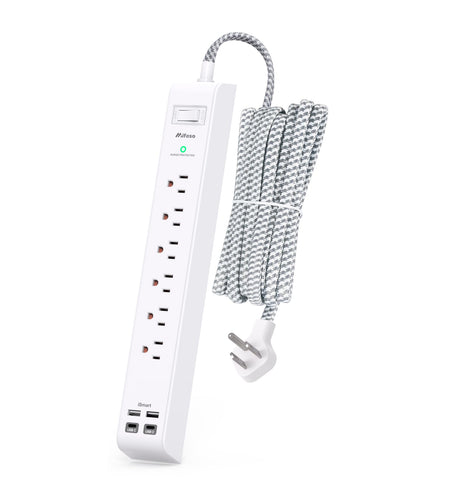 Surge Protector Power Strip 10 ft with 4 USB Ports 2 USB-C 6 AC Outlets, Flat Plug Extension Cord, USB Charging Station, Wall Mountable for Home, Office, Dorm Essentials, 1080J, ETL Listed