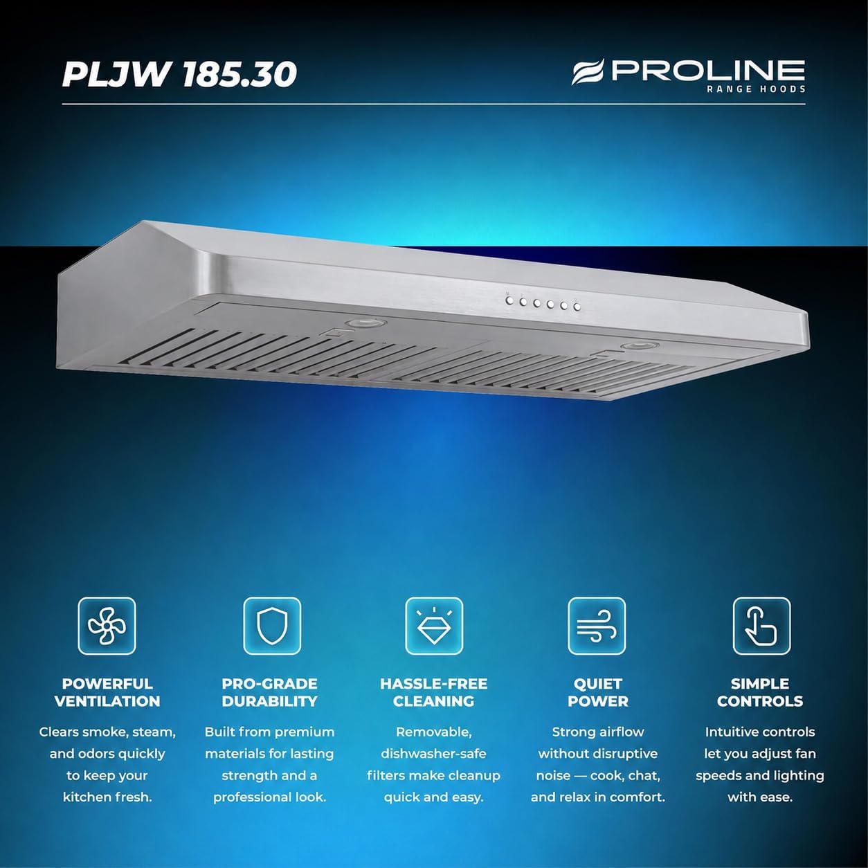 PROLINE 30-Inch Under Cabinet Range Hood, Ducted, 600 CFM, Stainless Steel, LED Lights, ULTRA-QUIET Blower Motor, 4 Speed, 3-Year Warranty, PLJW 185.30.