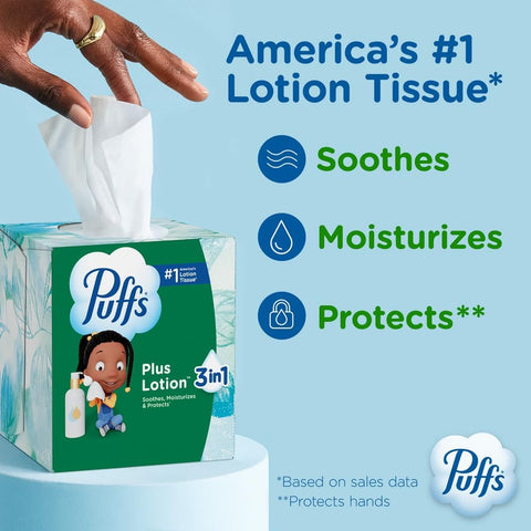 Puffs Facial Tissues Plus Lotion, 4 Mega Cube Boxes, 72 Facial Tissues per Box, Allergies and Colds (Packaging May Vary)