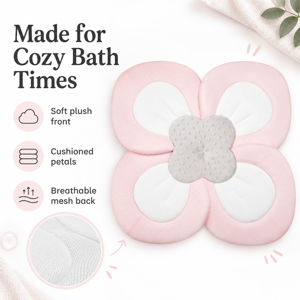 PandaEar Baby Bath Pad for Infant Newborn | Soft Flower Petals for Sink Bathtub Essentials Shower Gift (Pink)