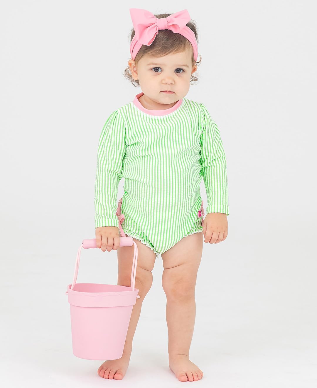 RuffleButts Baby Girls Seersucker Rash Guard - One Piece Swimsuit UPF 50+