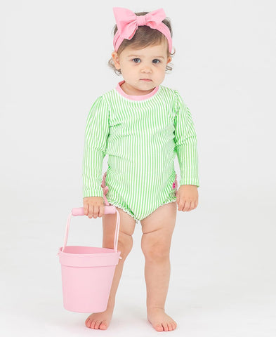 RuffleButts Baby Girls Seersucker Rash Guard - One Piece Swimsuit UPF 50+