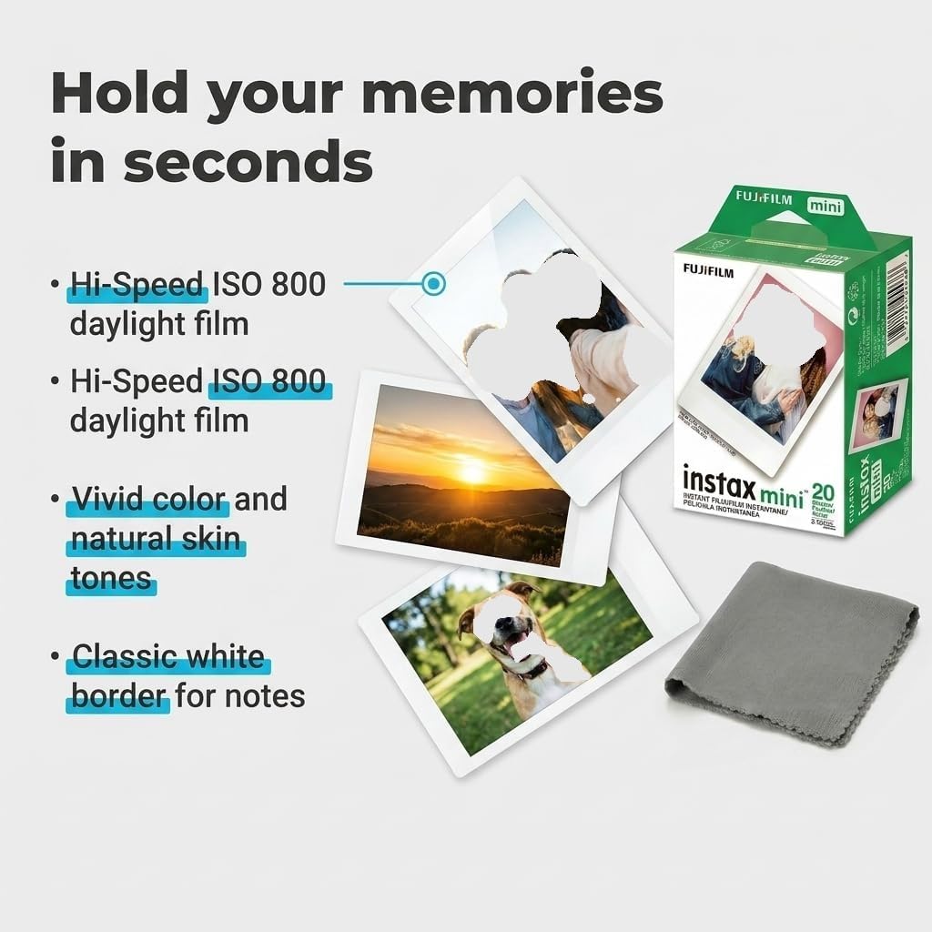 Fujifilm Instax Mini Instant Film, 80 Sheets – White Daylight ISO 800 for Instax Mini 13, 12, 11, 41 Cameras –Bundeld with The Tudak Store Microfiber Cleaning Cloth