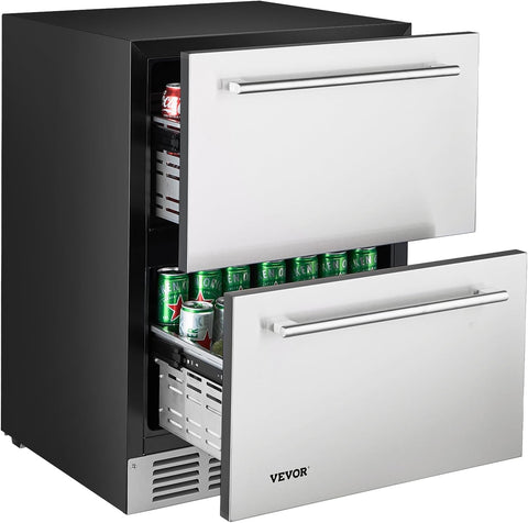 VEVOR Under Counter Drawer Refrigerator, 24 In Stainless Steel Fridge with Temperature Control, Dual Drawer Refrigerator with Powerful Compressor & LED Display, for Home, Office, and Commercial Use