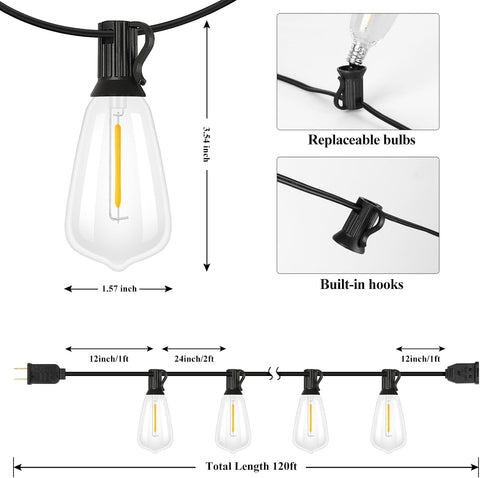 Brightever 120FT Outdoor String Lights 62 Bulbs, Waterproof Patio Lights