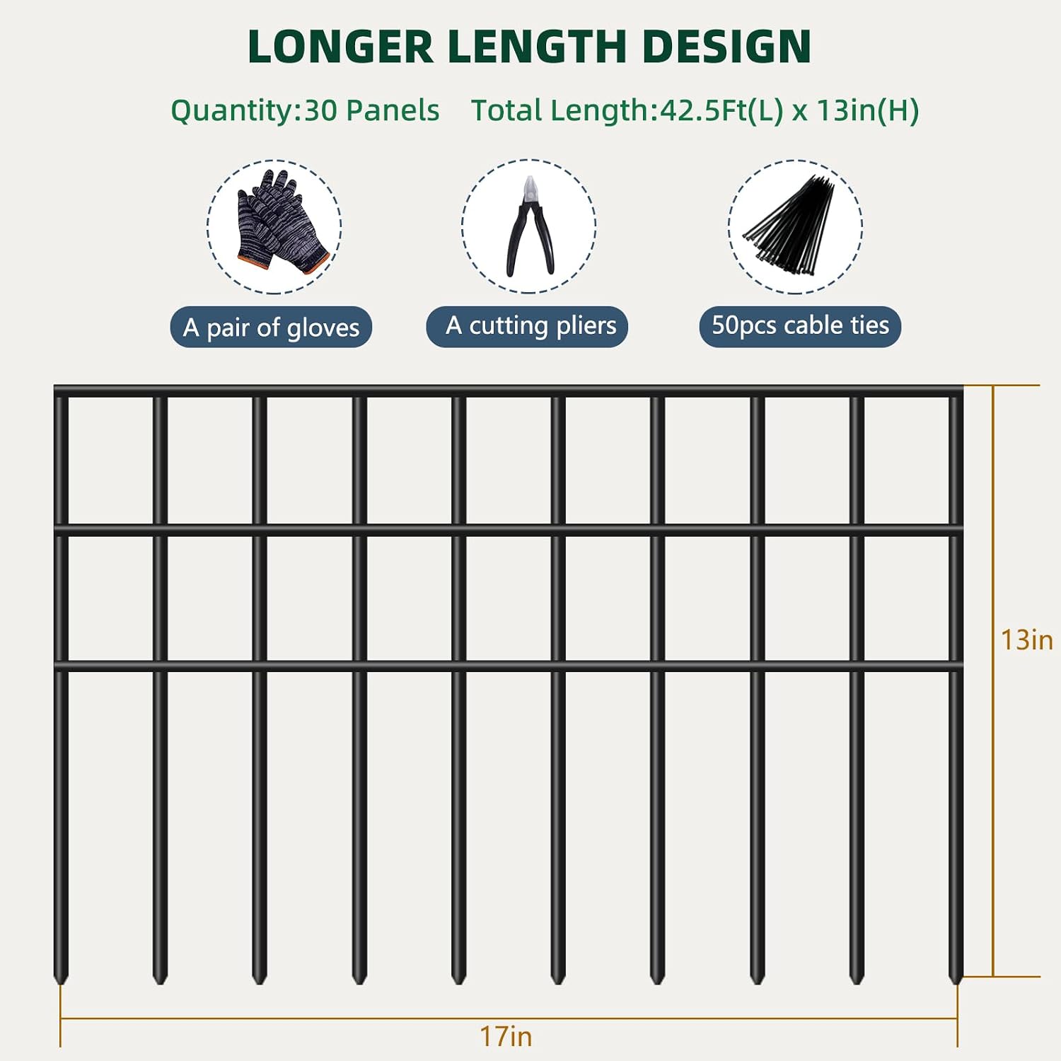 42.5ft(L) x 13in(H) Animal Barrier Fence, 30 Panels No Dig Garden Fence for Dog Rabbit, Rustproof Anti Digging Barrier, Garden Edging Border Ground Defense for Outdoor, Yard, Patio