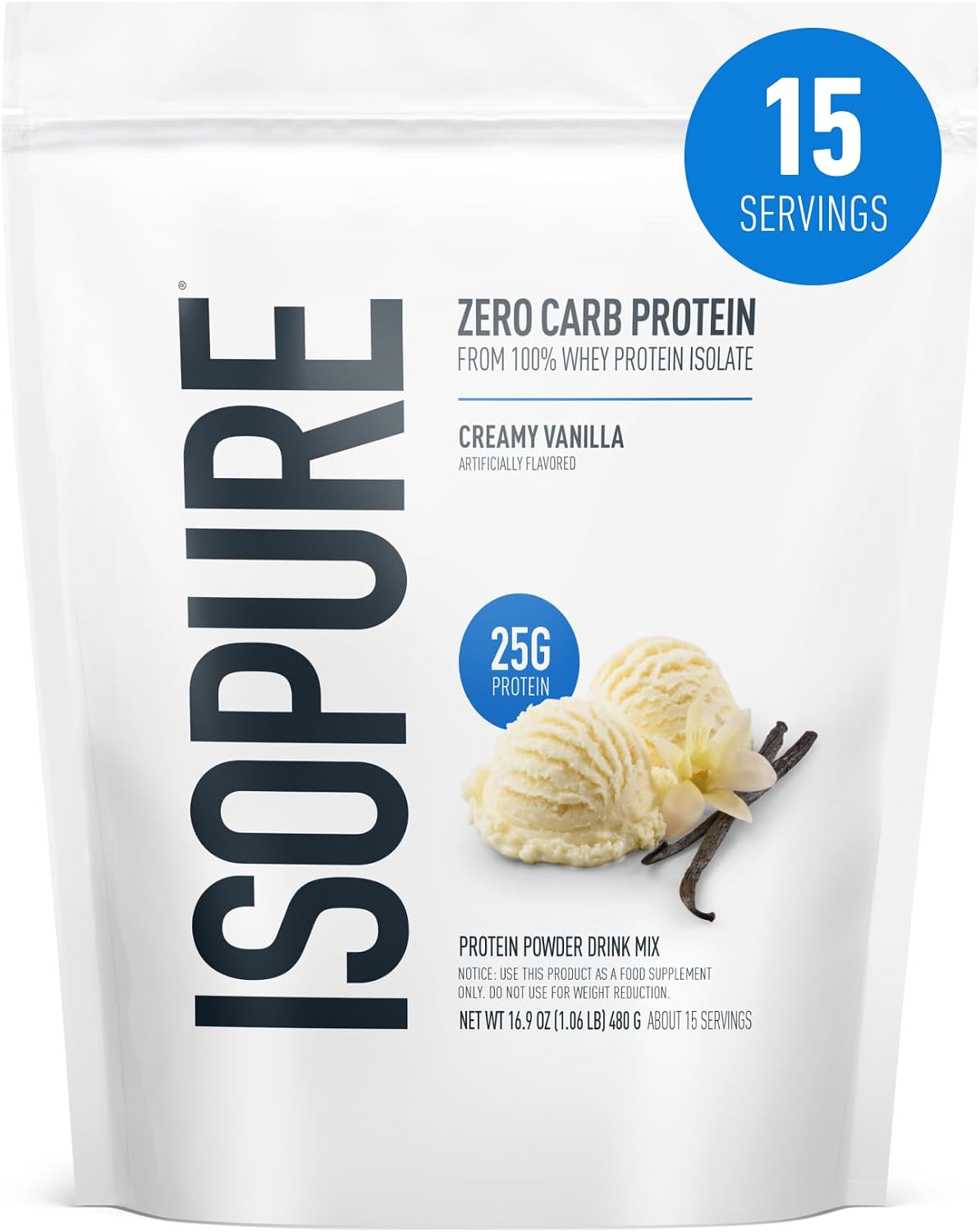 Isopure Zero Carb 100% Pure Whey Isolate Protein Powder, Lactose Free, Gluten Free, with Vitamins, Creamy Vanilla, 25g Protein Per Serving, 1 Lb, 15 Servings (Packaging May Vary)