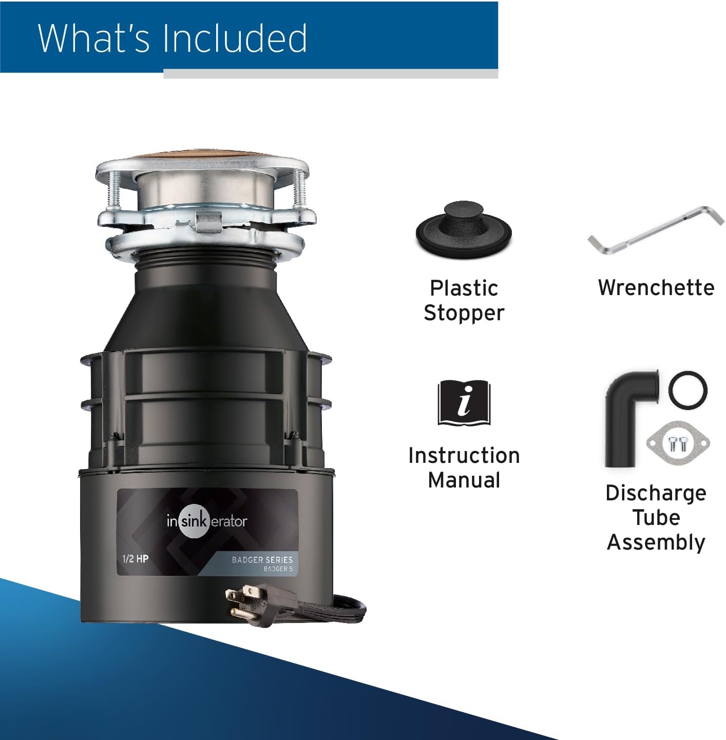 InSinkErator Badger 5 Garbage Disposal with Power Cord, Badger Series 1/2 HP Continuous Feed Food Waste Disposer