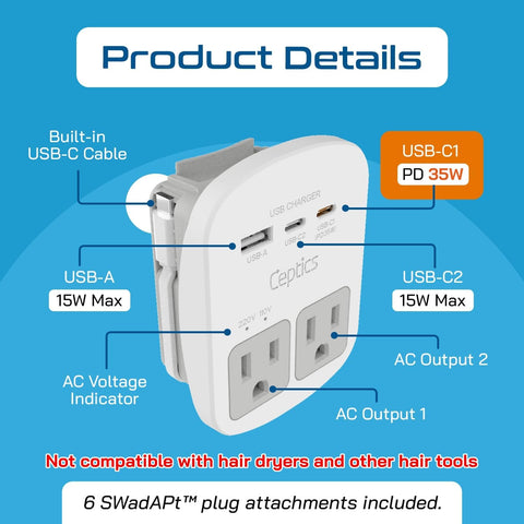 Ceptics 35W Universal Travel Adapter Kit – 2 USA sockets, USB-A, USBC, 1x PD 35W USB-C and USBC Cable, Surge Protected, Plugs for EU, UK, China, AU, Japan - for Laptop, Phone, Camera-ETL Tested