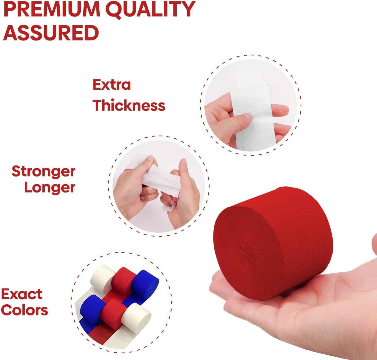 6 Red White Blue Streamers, 492ft Pack of Crepe Paper Party Decorations