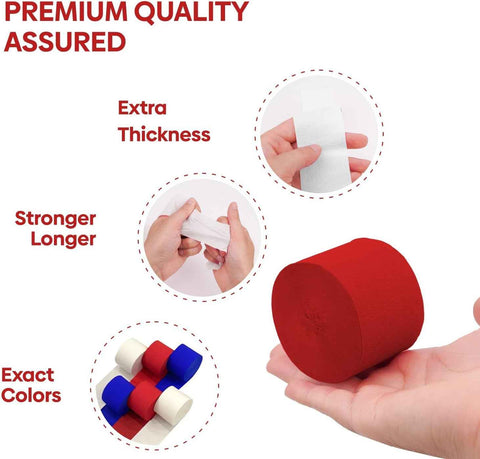 6 Red White Blue Streamers, 492ft Pack of Crepe Paper Party Decorations