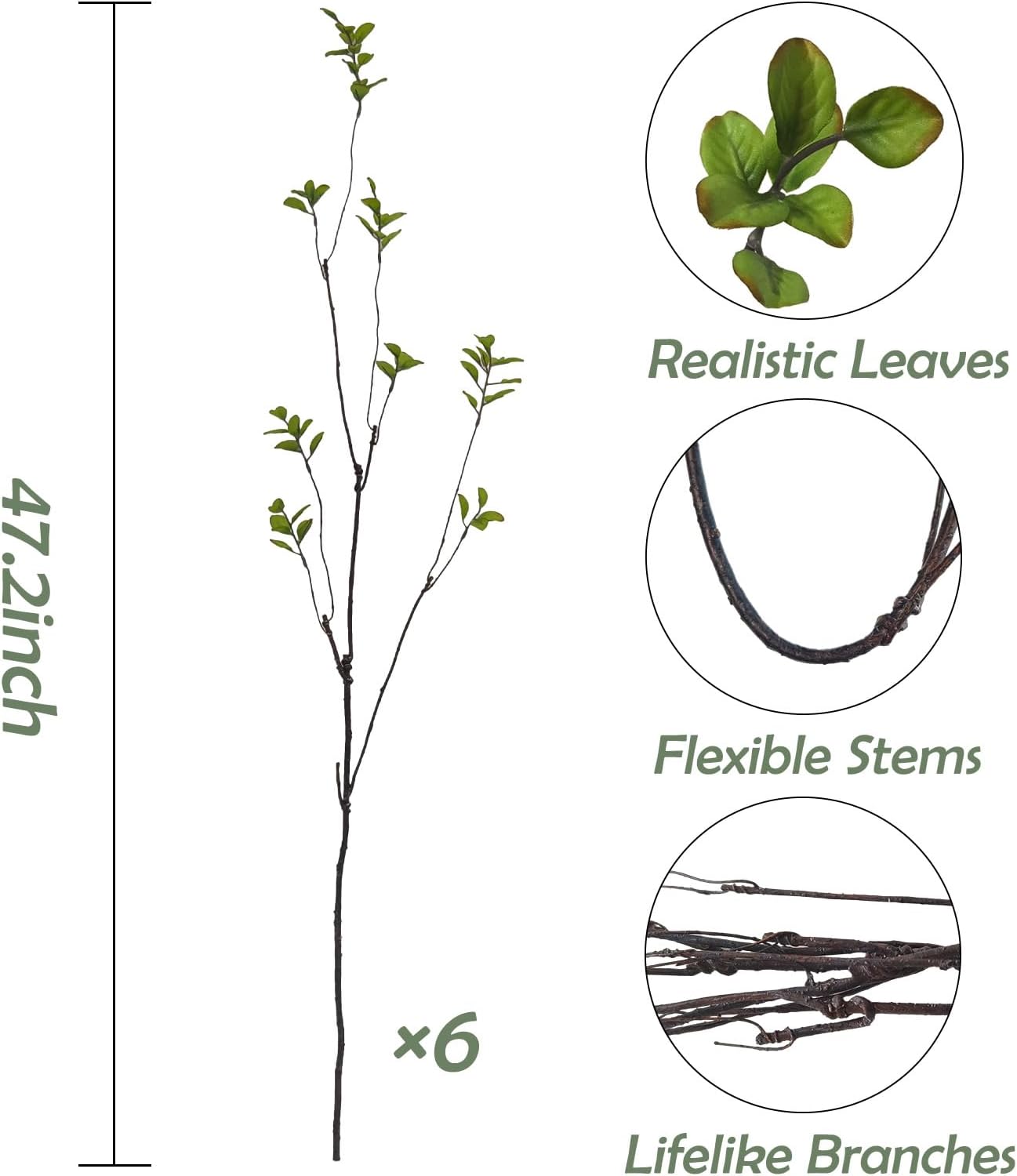 6 Pcs Artificial Ficus Branches Faux Eucalyptus Stems, 47.2 Inch Fake Greenery Stems Artificial Plants for Vase Filler Decoration, Fake Leaves Branches Centerpieces Decor.