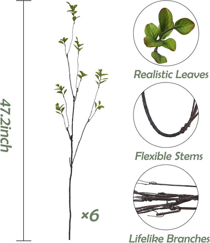 6 Pcs Artificial Ficus Branches Faux Eucalyptus Stems, 47.2 Inch Fake Greenery Stems Artificial Plants for Vase Filler Decoration, Fake Leaves Branches Centerpieces Decor.