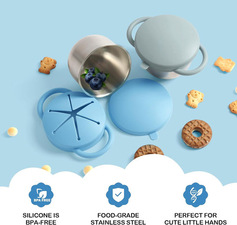 Daximo 2 Pack Snack Cups for Toddlers Spill Proof - Detachable Stainless Steel Toddler Snack Cups with Silicone Lids & Handles - Dishwasher Safe Snack Container (Matte Blue and Matte Green)