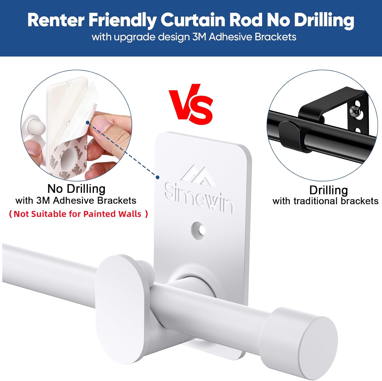 SIMEWIN Curtain Rods No Drilling for Windows 30 to 90 Inches, 5/8 Inch Diameter No Drill Small Curtain Rod Set with 3M Adhesive Brackets, White