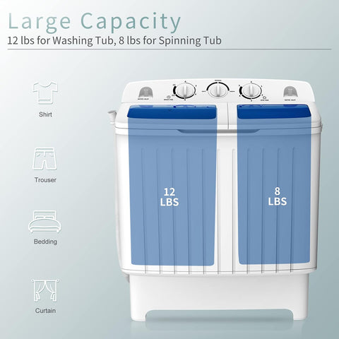 COSTWAY Portable Washing Machine, 12Lbs Washer and 8Lbs Spinner, Blue+White