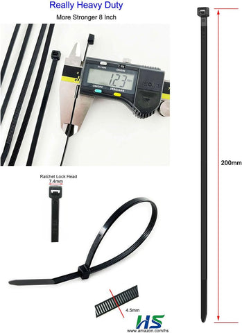 HS Thick Zip Ties 8 Inch x 3/16" (Bulk-500 Count) UV Black Cable Tie