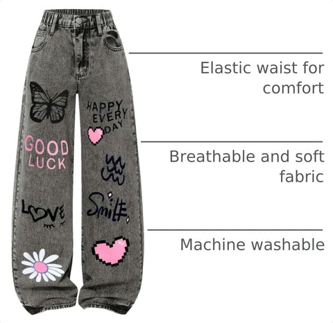 BEAUDRM Girl's Baggy Jeans Wide Leg Cute Jeans