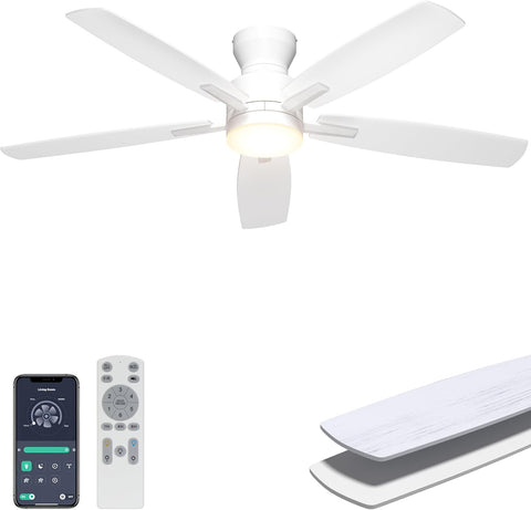 Ohniyou 52'' Low Profile Ceiling Fan with Lights, Remote/APP Control, White