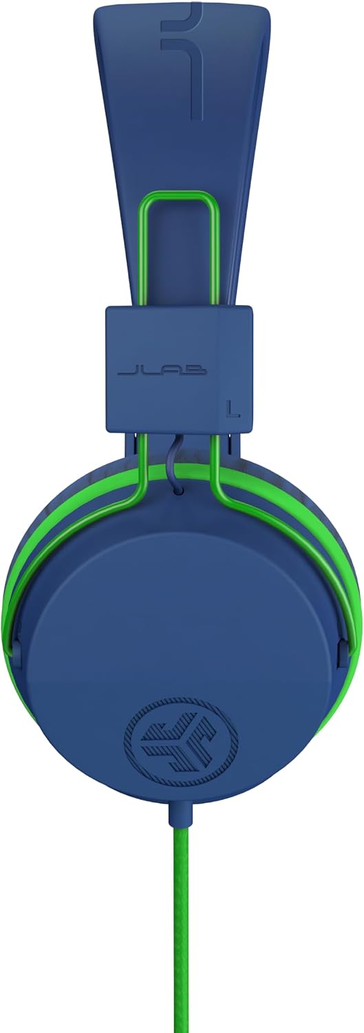 JLab, JBuddies Studio, Kids Wired on-Ear Headphones, Bundle with USB-C Adapter, Volume limiting, Foldable, Blue/Green