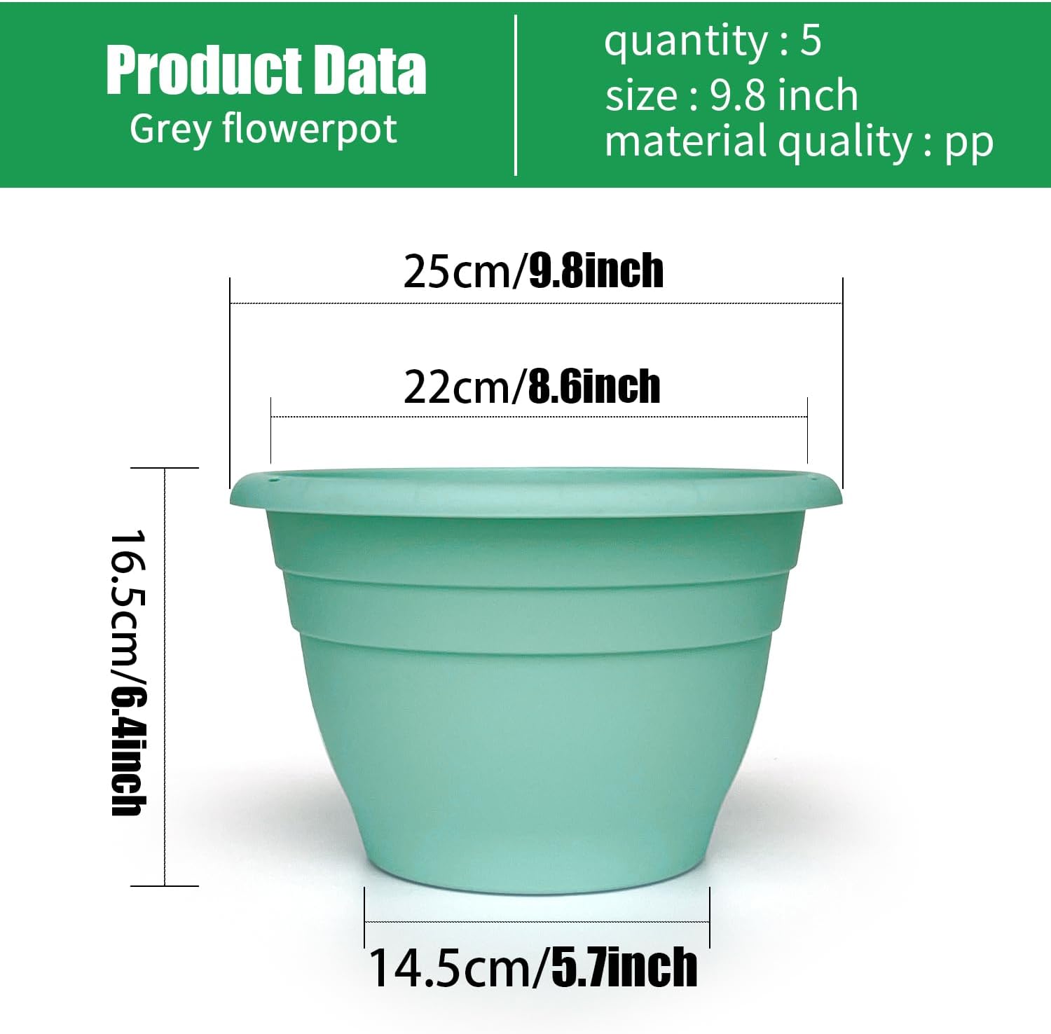 RooTrimmer 5 Pack 10 Inch Plant Pots for Indoor Outdoor,Plastic Floor Planters with Drainage Holes,Lightweight Flower Pots for Home,Patio & Garden(Blue)