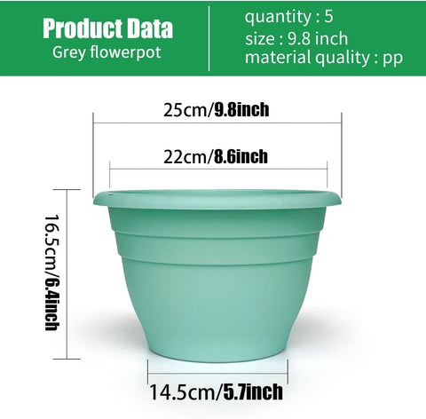 RooTrimmer 5 Pack 10 Inch Plant Pots for Indoor Outdoor,Plastic Floor Planters with Drainage Holes,Lightweight Flower Pots for Home,Patio & Garden(Blue)