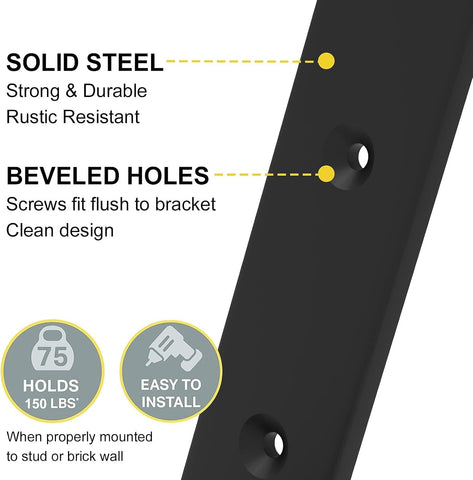 WEKIS Shelf Bracket, Heavy Duty Floating Shelf Brackets 10-Inch Long, 12-Pack Brackets for Shelves, Black Coated J Shape Metal Wall Shelf Support Brackets with 1/5-Inch Thick and 160 lb. Load Capacity