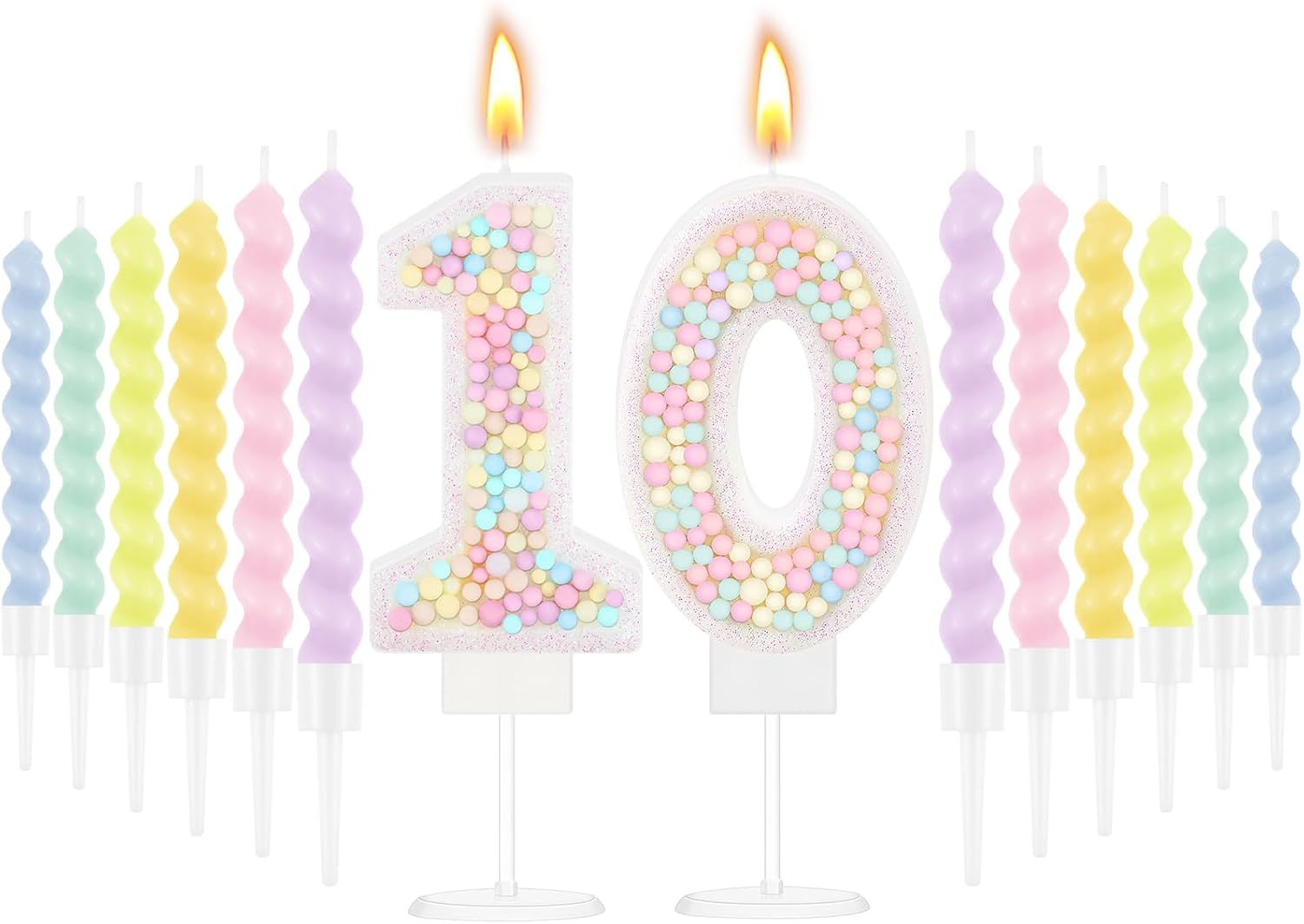 MTLEE White Macaron Number 10 Birthday Candle with 12 Rainbow Spiral Candle