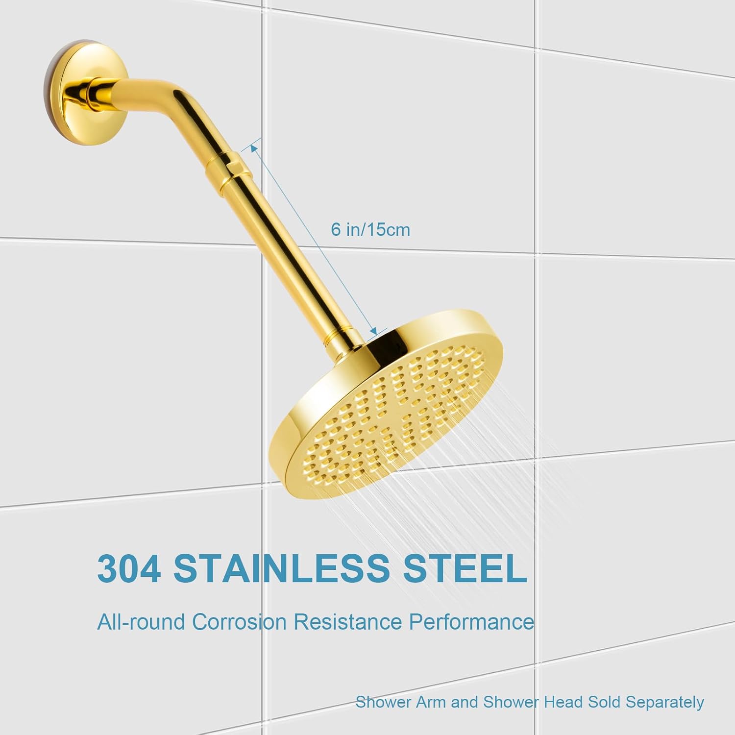 OFFO Shower Head Extension Arm, Shower Arm Extension Shower Head Extender Made of 304 Stainless Steel Shower Pipe Extension, Bright Gold 6 in