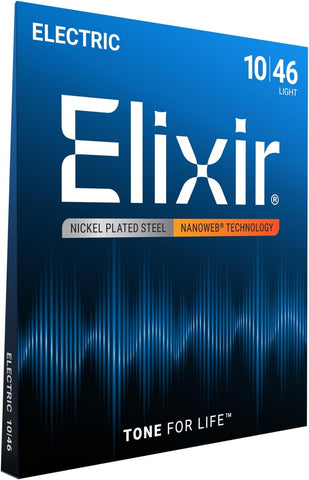 Elixir Strings, Electric Guitar Strings, Nickel Plated Steel with NANOWEB Technology, Longest-Lasting Bright Tone with Comfortable Feel, 6 String Set, Light 10-46
