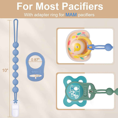 4-Pack Silicone Pacifier Clip with Adapter Ring Fits MAM Dummy, Soft Flexible Binky Holder for Button-Style Maam Dummies, Anti-Loss Paci Clips for Baby Boys, Xmas Gifts Baby Shower Essentials