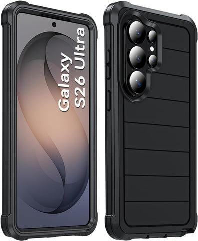 Hensinple for Samsung Galaxy S26 Ultra Case, Heavy Duty Military Grade Shockproof with Port Cover,2-Layer Rugged Galaxy S26 Ultra Case Grip, Bumper Protective Phone Cover Raised Camera Lip, Black