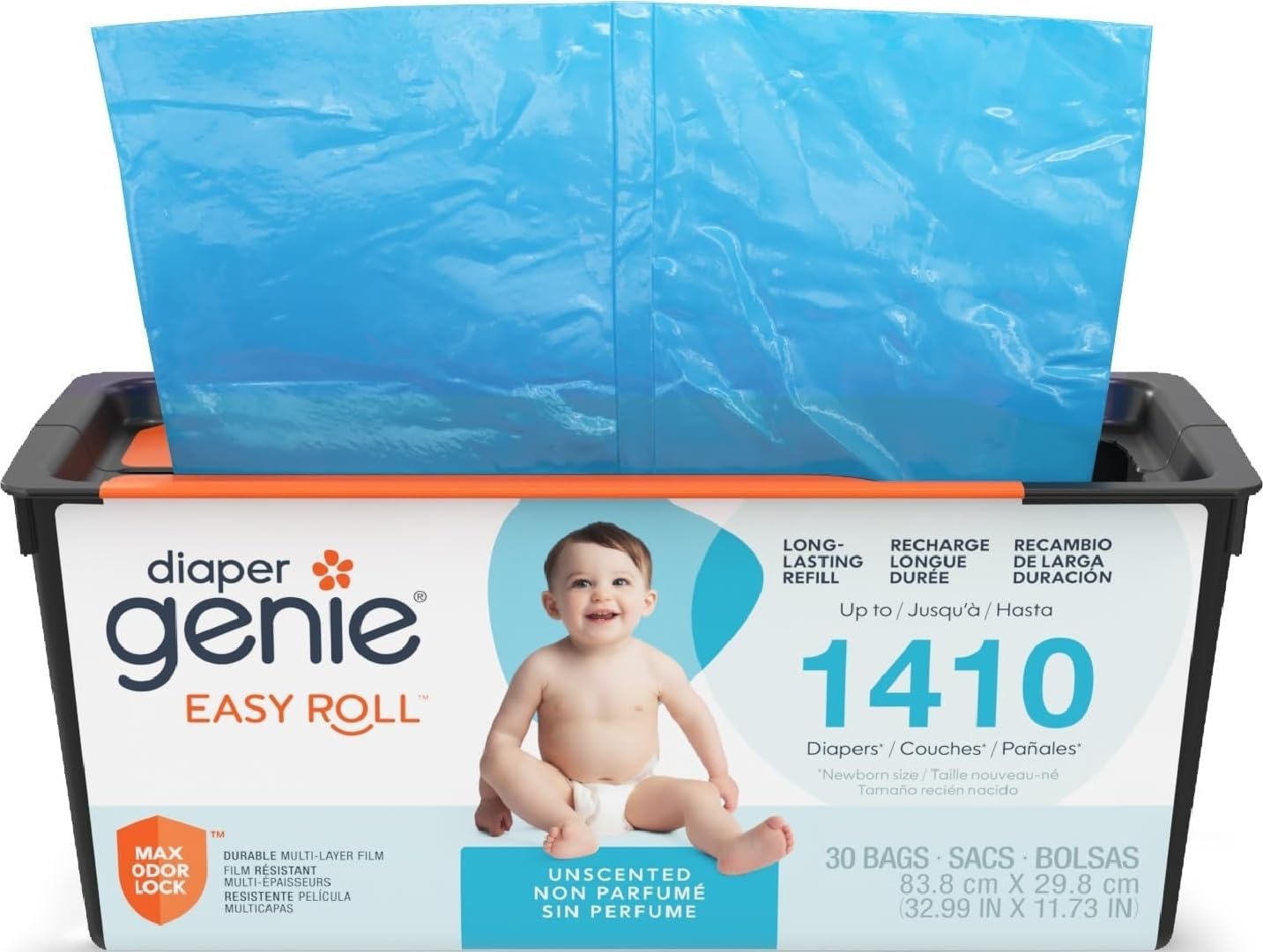 Diaper Genie Easy Roll Refill | 30 Bags Per Refill | Holds Up to 1410 Newborn Diapers | Odor Control | Diaper Pail Refill Bags | Fits Diaper Genie Signature & Platinum Pails