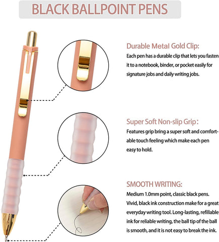 Linbsunne Ballpoint Pens Black Medium Point 1mm Pen with Super Soft Grip Ball Point Pen for Men Women Retractable Pens (gold-12 pcs)