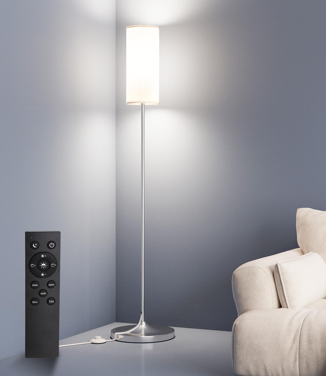 USTO Dimmable Floor Standing Lamp,12W Led Bulb with Remote,Silver