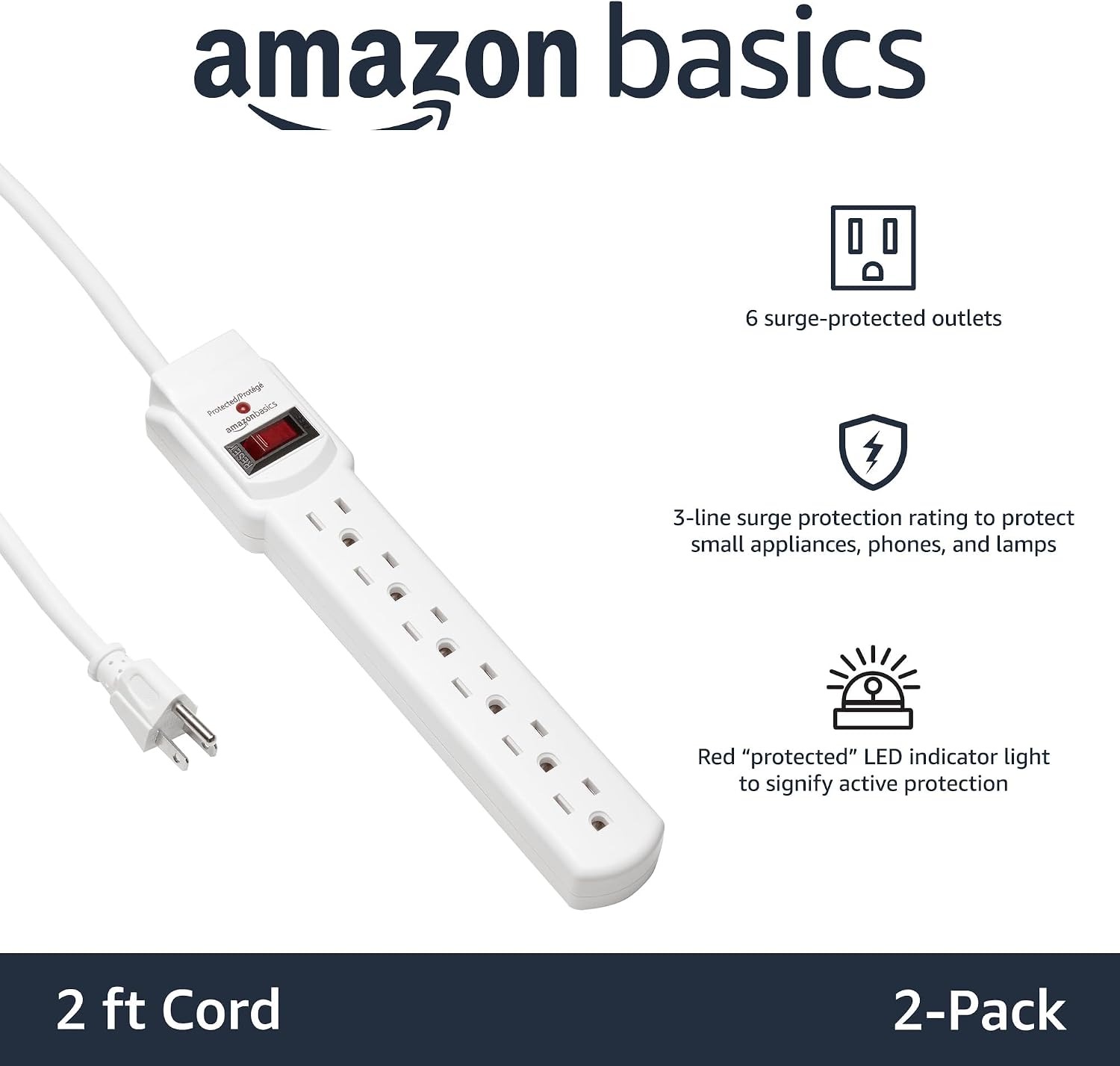 Amazon Basics Surge Protector Power Strip, 6-Outlet with 200J Protection, Circuit Breaker, LED Indicator, On/Off Switch, Wall-Mounting, 2ft Extension Cord, White, 2-Pack