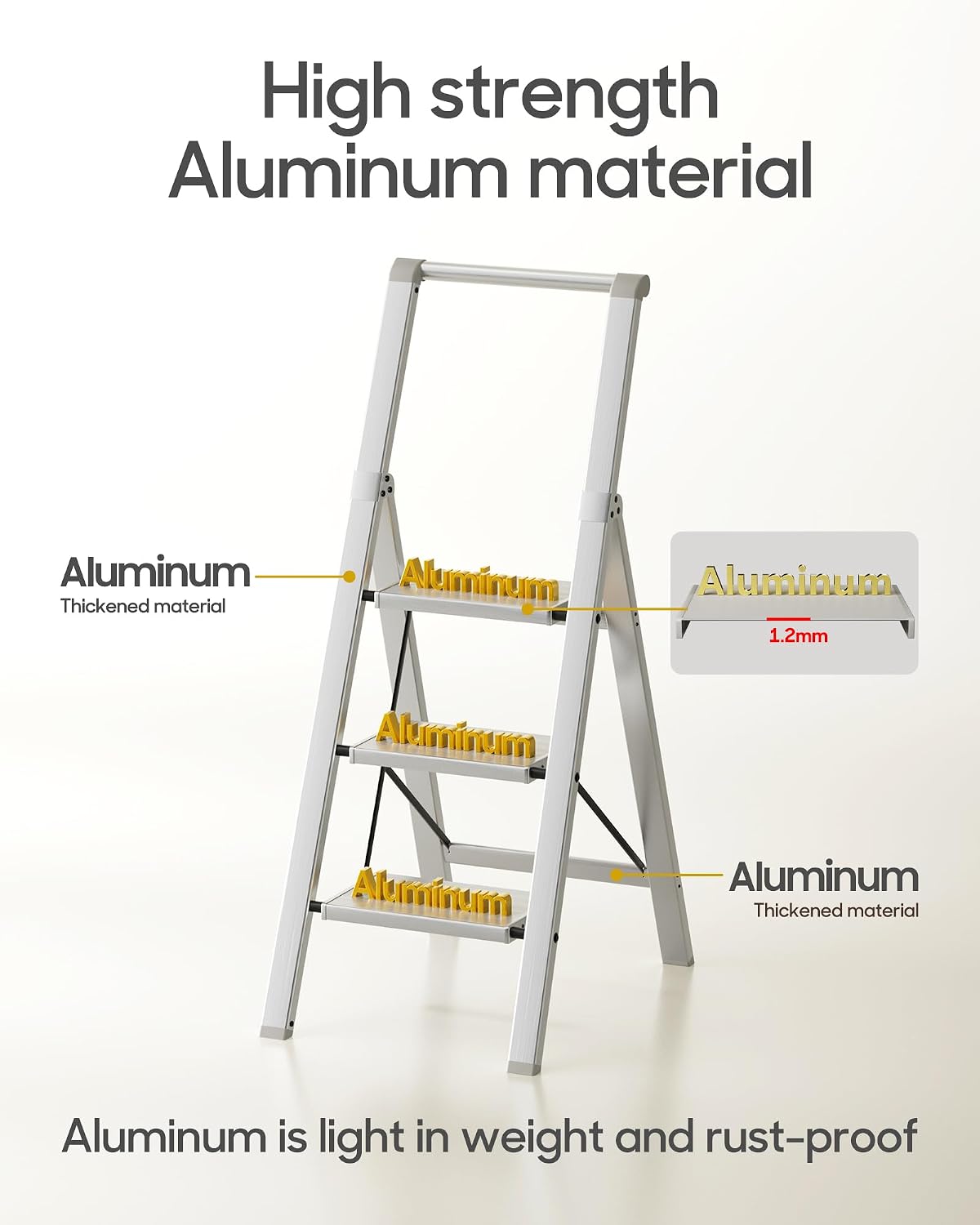 HillhutApex Aluminum 3 Step Ladder, Step Stool Foldable Ladder(Pale Grey)