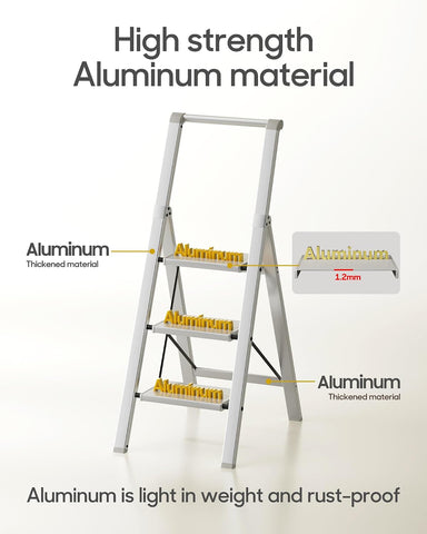HillhutApex Aluminum 3 Step Ladder, Step Stool Foldable Ladder(Pale Grey)