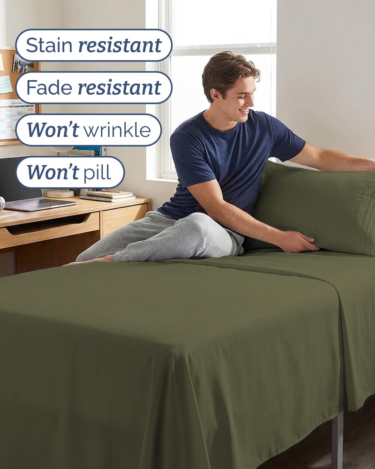 Twin XL 3 Piece Sheet Set - College Dorm Room Essentials - Sage Green