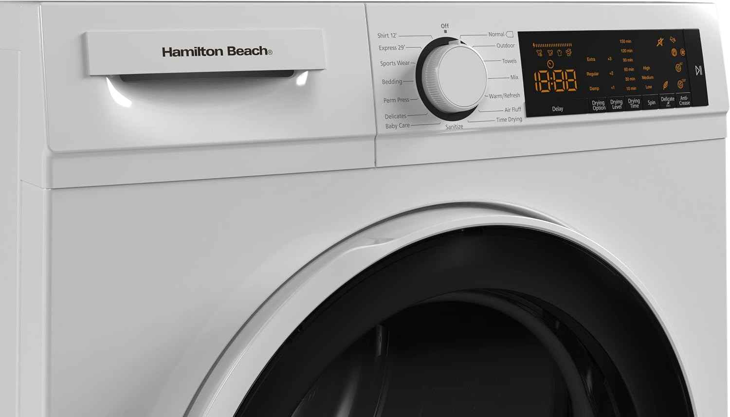 Hamilton Beach Electric Fullsize Ventless Laundry Clothes Dryer, 4 cu. ft. Capacity, with Stainless Steel Tub, Easy Control, 4 Automatic Drying Modes, Apartments, Houses, 24-Inch Width, White