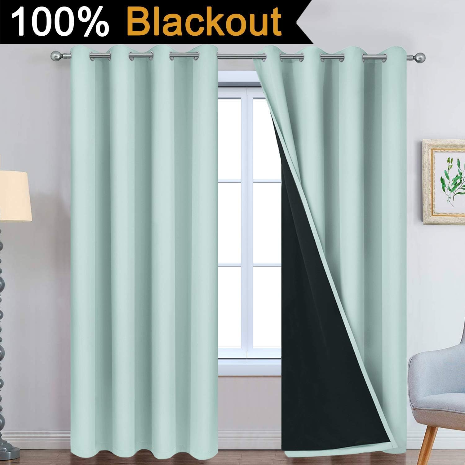 Yakamok Aqua 100% Blackout Curtains 96 Inches Long for Bedroom 52" Wide
