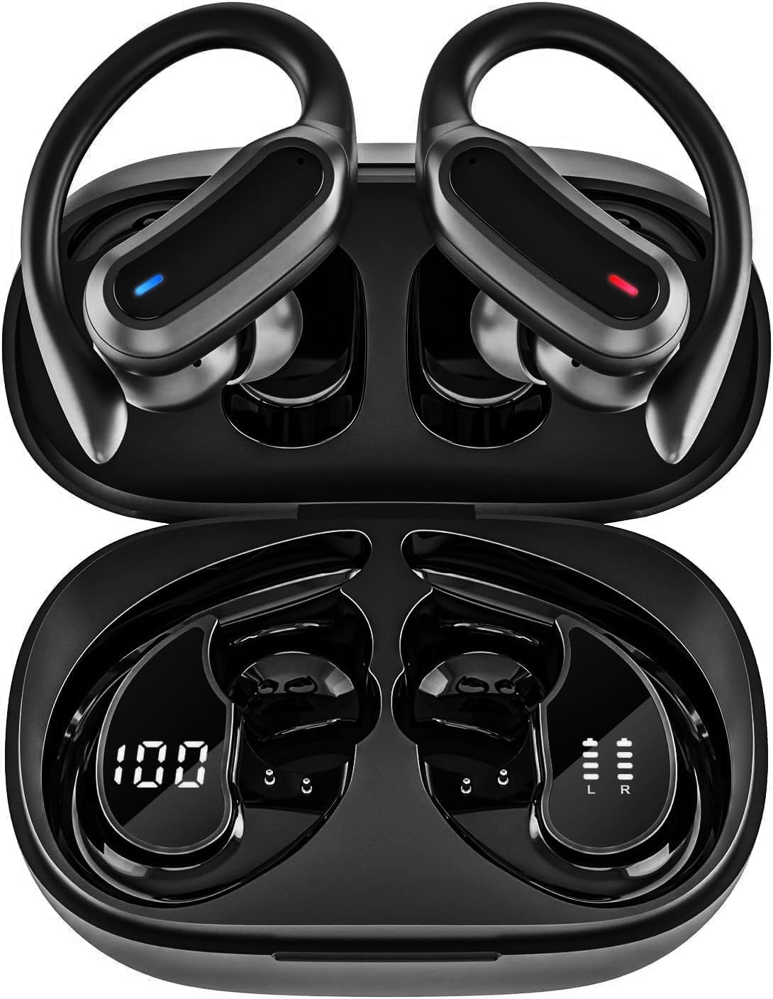 Wireless Earbuds Bluetooth Headphones, 54H Playtime Stereo Over Ear Buds with ENC Noise Cancelling, LED Power Display, IPX7 Waterproof Sport Earphones with Earhooks for Running/Workouts (Black)