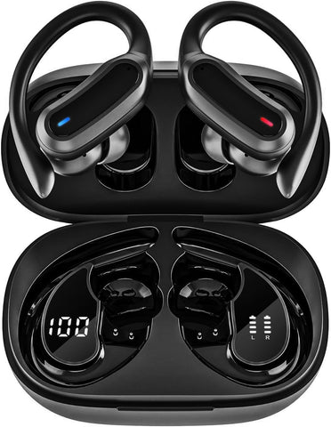 Wireless Earbuds Bluetooth Headphones, 54H Playtime Stereo Over Ear Buds with ENC Noise Cancelling, LED Power Display, IPX7 Waterproof Sport Earphones with Earhooks for Running/Workouts (Black)
