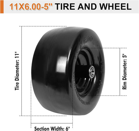 2 Pack 11x6.00-5 Flat Free Lawn Mower Tires & Wheel Assembly, Universal Fit, 5.9"-8.1" Centered Hub, 5/8" & 3/4" Bearings, Turf Tires for Lawn Mowers & Tractors