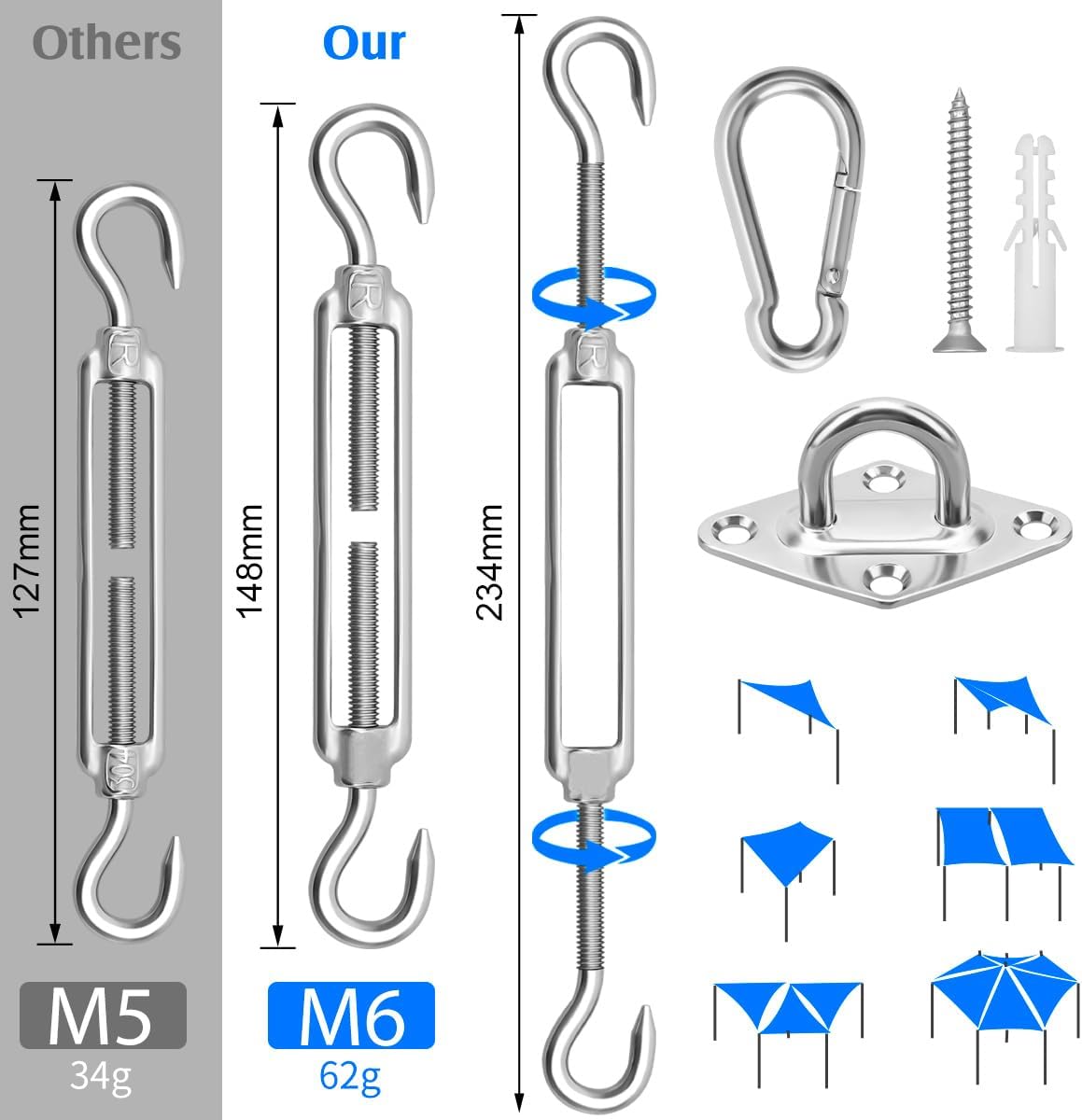 Sun Shade Sail Hardware Kit 6 Inch for Rectangle & Triangle Shade Sail Install, Stainless Steel Shade Sail Fixing Accessories for Outdoor Patio Canopy Garden, Heavy Duty Awning Attachment Set (44 Pcs)